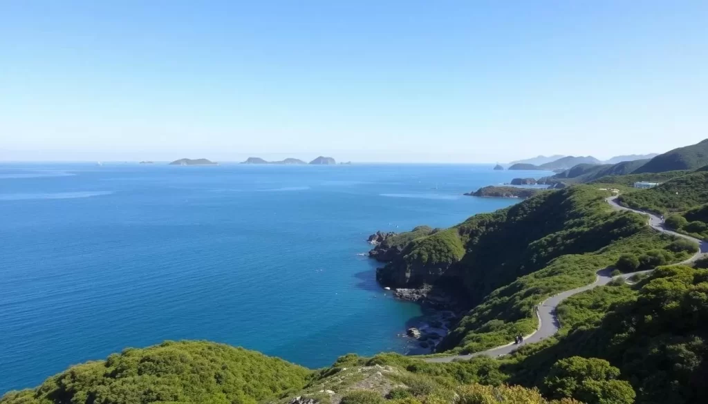 A picturesque coastal landscape in Sanriku Recovery National Park, Japan, on a calm, sunny day. In the foreground, lush green hills and rocky cliffs meet the sparkling turquoise waters of the Pacific Ocean. The middle ground features a winding path leading visitors through the serene natural scenery. In the distance, the horizon is dotted with islands, their rugged silhouettes painted against the clear, azure sky. Soft, diffused natural lighting casts a warm, inviting glow over the entire scene, evoking a sense of peace and tranquility. This stunning vista belies the tragic history of the region, where the devastating 2011 Tōhoku earthquake and tsunami left an indelible mark on the land and its people.
