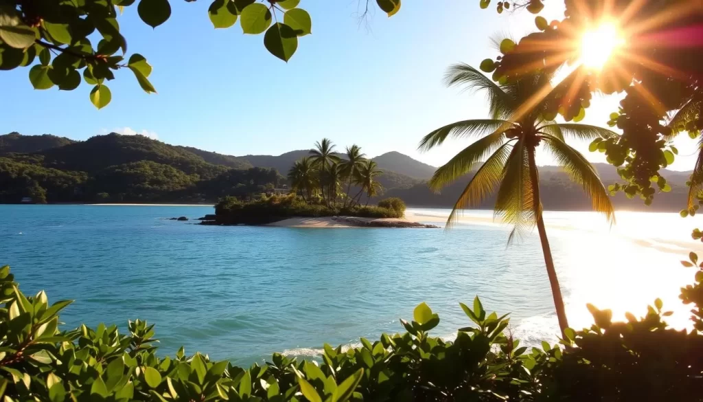A picturesque coastal scene in Cahuita, Costa Rica, bathed in warm, golden-hour sunlight. In the foreground, lush, verdant foliage frames a tranquil, turquoise bay, where gentle waves lap against a pristine, sandy beach. In the middle ground, a group of palm trees sway in the gentle breeze, casting soft, dappled shadows. The background features rolling hills covered in dense, tropical vegetation, with a clear, azure sky overhead. The overall atmosphere is one of serene, idyllic beauty, perfectly capturing the best time to visit this enchanting coastal town.