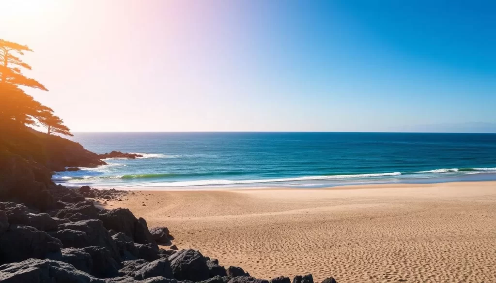 A picturesque coastal scene of Iwaki City, Japan. A wide, sandy beach stretches out, framed by a rugged, rocky shoreline. In the distance, the deep blue waters of the Pacific Ocean meet the horizon, with occasional small waves gently lapping at the shore. The sky is clear and bright, with a warm, golden sunlight casting a soft glow over the scene. Tall, verdant pine trees line the upper portion of the shore, adding a lush, natural element to the landscape. The overall atmosphere is serene and tranquil, inviting viewers to imagine a peaceful day spent exploring this beautiful coastal destination.