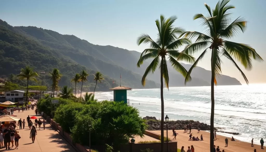 A picturesque coastal town in Nicaragua, San Juan del Sur is set against a backdrop of lush hills and the sparkling Pacific Ocean. In the foreground, a sun-dappled promenade bustles with locals and tourists, while in the middle ground, a lifeguard tower stands vigilant, ensuring the safety of swimmers. The background is filled with vibrant, tropical foliage and the silhouettes of palm trees swaying gently in the breeze. The overall scene conveys a sense of tranquility and security, with warm, diffused lighting and a crisp, clean aesthetic that reflects the laid-back charm of this seaside destination.