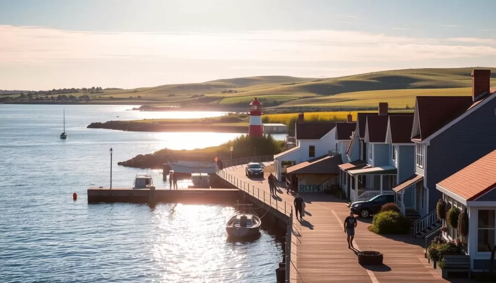 A picturesque coastal town nestled along the serene shores of Prince Edward Island, North Rustico boasts charming red-roofed cottages, old-fashioned fishing boats, and a bustling harbor adorned with colorful buoys and lobster traps. Capture the sun's warm glow illuminating the scene as it reflects off the calm, azure waters of the Gulf of St. Lawrence. In the foreground, stroll along the quaint waterfront promenade, lined with local shops and eateries serving fresh seafood. In the middle ground, witness the iconic red-and-white lighthouse standing tall, guiding vessels through the peaceful bay. In the background, rolling hills and lush green meadows unfold, creating a picturesque pastoral landscape that epitomizes the island's serene natural beauty.