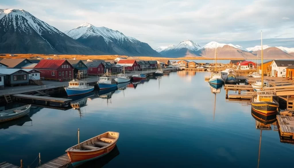 A picturesque coastal town nestled between towering mountains and the Arctic Ocean, Cambridge Bay is a serene haven for outdoor enthusiasts. Capture the rugged beauty of the landscape, with snow-capped peaks reflected in the calm waters of the bay. Showcase the vibrant fishing boats and docks, where local anglers ply their trade, hauling in the day's bountiful catch. Infuse the scene with warm, golden sunlight, casting a gentle glow over the weathered wooden structures and inviting pedestrians to explore the charming streets. Imbue the image with a sense of tranquility and adventure, capturing the essence of this Arctic fishing paradise.