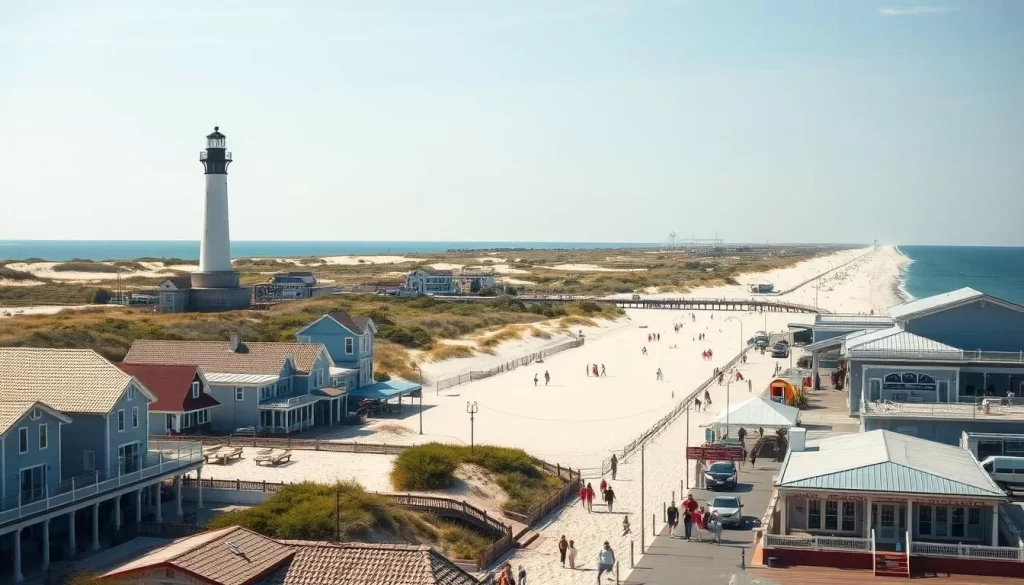 A picturesque coastal town on the Jersey Shore, Long Beach Island nestled amidst the tranquil Atlantic waters. Capture the sun-drenched promenade, its historic lighthouse standing tall, surrounded by charming beachfront cottages and lush dunes. In the foreground, families strolling along the pristine white-sand beach, children playing in the gentle waves. The middle ground showcases the bustling boardwalk, lined with quaint shops and seafood restaurants. In the distance, the iconic Barnegat Inlet serves as the gateway to this serene island paradise, with a warm, inviting atmosphere that embodies the essence of the Jersey Shore.