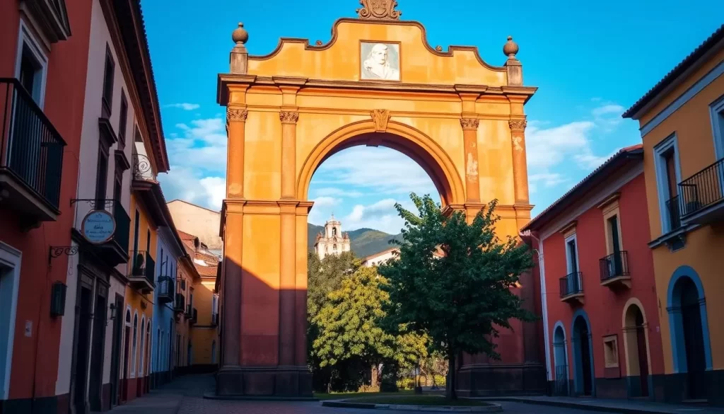 A picturesque colonial arch set against a vibrant blue sky, framing the historic center of Antigua, Guatemala. Sunlight dapples the ochre-colored facade, casting warm shadows across the intricate stonework. In the foreground, cobblestone streets wind past colorful buildings, inviting exploration. The middle ground features lush, verdant foliage, creating a peaceful, natural contrast to the architectural splendor. Capture the essence of Antigua's historic charm, showcasing the iconic Santa Catalina Arch as the centerpiece of this tranquil, inviting scene.