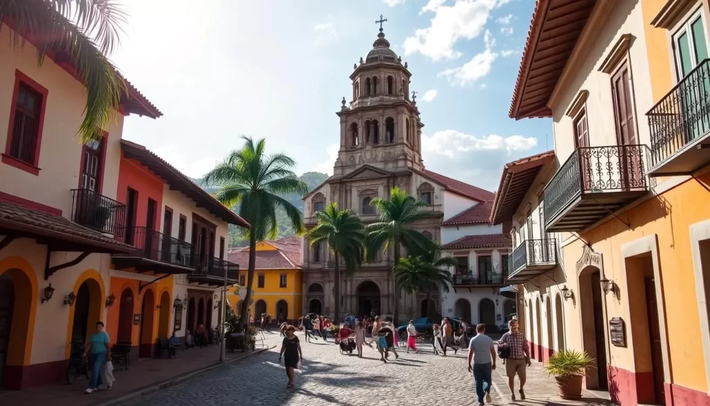 A picturesque colonial town nestled in the lush Salvadoran countryside. Stroll down cobblestone streets lined with vibrant stucco facades, red-tiled roofs, and ornate wrought-iron balconies. Sunlight dances through the palm trees, casting warm shadows on the historic buildings. In the town square, a grand cathedral stands tall, its intricate stonework and bell tower commanding attention. Locals gather, chatting animatedly and enjoying the tranquil atmosphere. Capture the essence of Suchitoto's well-preserved colonial architecture, a testament to El Salvador's rich cultural heritage.