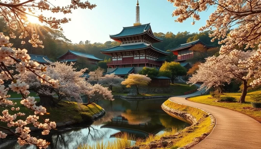 A picturesque day trip from the charming Taitō-ku district in Tokyo, Japan. A traditional Japanese temple stands tall amidst a lush, verdant landscape, its ornate architecture bathed in warm, golden sunlight. In the foreground, a tranquil pond reflects the serene surroundings, with delicate cherry blossoms dotting the scene. Winding pathways invite exploration, leading visitors deeper into this peaceful oasis, a perfect respite from the bustling city. High-resolution, photorealistic, masterful composition, stunning lighting.