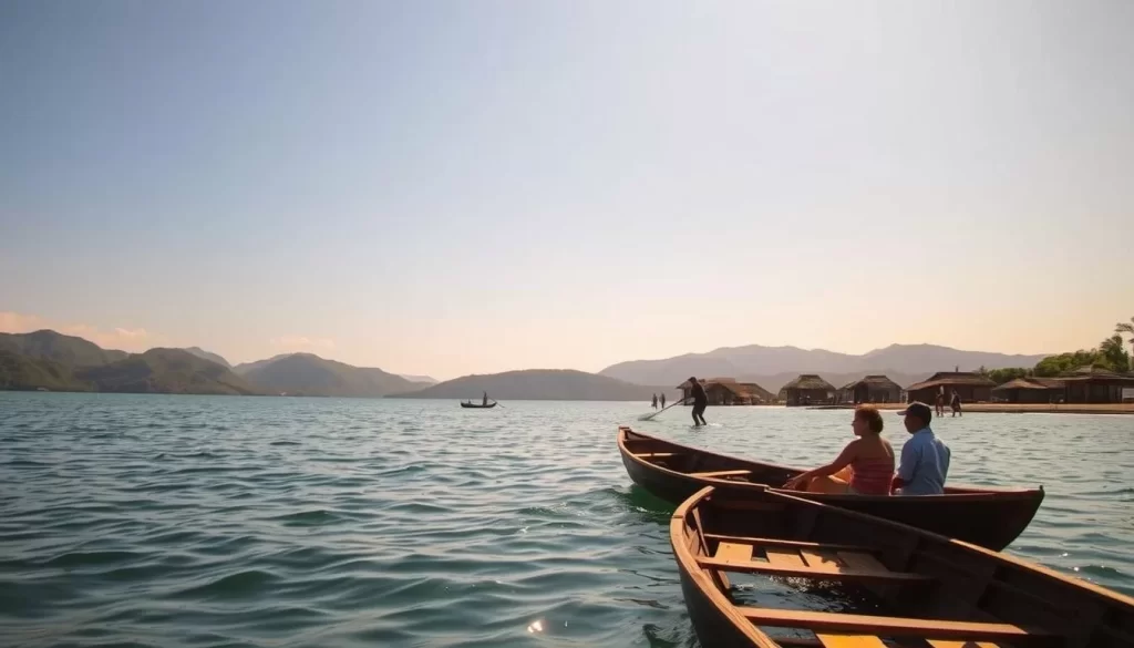 A picturesque day trip to the tranquil shores of San Francisco Lempa in El Salvador. A serene landscape where the azure waters of the lake meet the verdant hills in the distance, bathed in warm, golden sunlight. In the foreground, a wooden rowboat drifts lazily, its occupants taking in the breathtaking views. The middle ground is dotted with local fishermen casting their nets, while in the background, traditional thatched-roof huts line the shoreline, creating a charming, rustic tableau. The entire scene exudes a sense of peace and tranquility, inviting the viewer to imagine a leisurely day spent exploring this picturesque corner of Suchitoto.