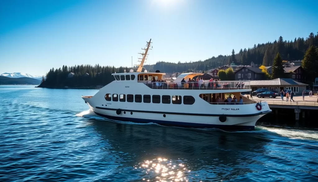 A picturesque ferry crossing the tranquil waters of the Salish Sea, docked at the charming seaside town of Friday Harbor. Sunlight dances on the waves, casting a warm glow over the sleek, cream-colored vessel. Its elegant silhouette is mirrored in the calm surface, framed by lush evergreen shores and distant snow-capped peaks. Passengers stroll along the dock, taking in the scenic views and salty ocean breeze. This serene ferry journey captures the essence of Friday Harbor's coastal charm, inviting you to discover its quaint streets and natural wonders.