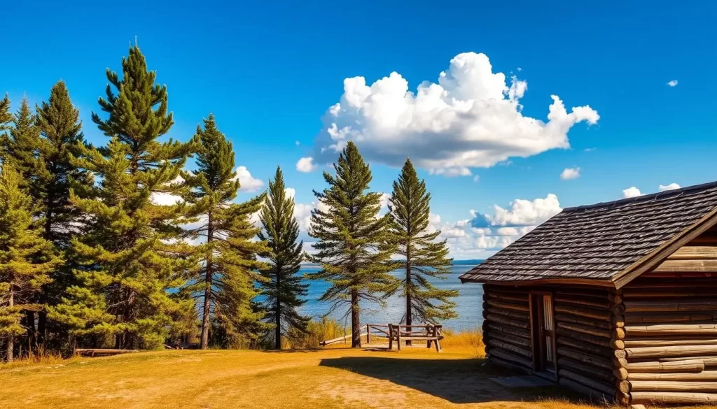 A picturesque historic site nestled along the shores of Cross Lake, Manitoba. In the foreground, a weathered wooden structure with a shingled roof stands proudly, its timeworn facade hinting at the stories it holds. The middle ground is dotted with tall, swaying pines, their verdant needles casting dappled shadows on the ground below. In the background, the serene waters of the lake stretch out, reflecting the clear blue sky and fluffy white clouds above. Warm, golden sunlight filters through the scene, imbuing the entire setting with a sense of tranquility and timelessness. The perfect scene to illustrate the area's rich history.