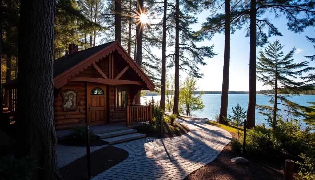 A picturesque lakeside cabin nestled amidst towering pines, its charming wooden facade adorned with intricate elf-inspired carvings. Sunlight filters through the canopy, casting a warm glow on the quaint structure. A cobblestone path leads to the entrance, inviting visitors to explore this enchanting family-friendly oasis. The serene waters of Lake Harriet shimmer in the distance, reflecting the lush greenery and clear blue sky. An atmosphere of whimsy and tranquility permeates the scene, beckoning both children and adults to immerse themselves in the magic of this captivating Elf House.