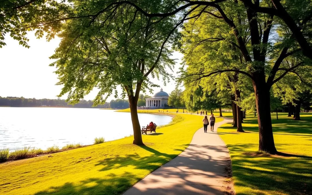 A picturesque lakeside scene at Lake Harriet Park in Minneapolis, Minnesota. Lush green trees line the shore, casting gentle shadows on the calm, reflective waters. A winding path leads visitors through the tranquil landscape, dotted with people enjoying a pleasant summer day - strolling, jogging, or relaxing on benches. Warm, golden sunlight filters through the foliage, creating a serene and inviting atmosphere. In the distance, the iconic Lake Harriet Bandshell stands as a iconic landmark, its architecture beautifully complementing the natural setting. This idyllic scene captures the essence of the best things to do and experience at this picturesque Minnesota destination.