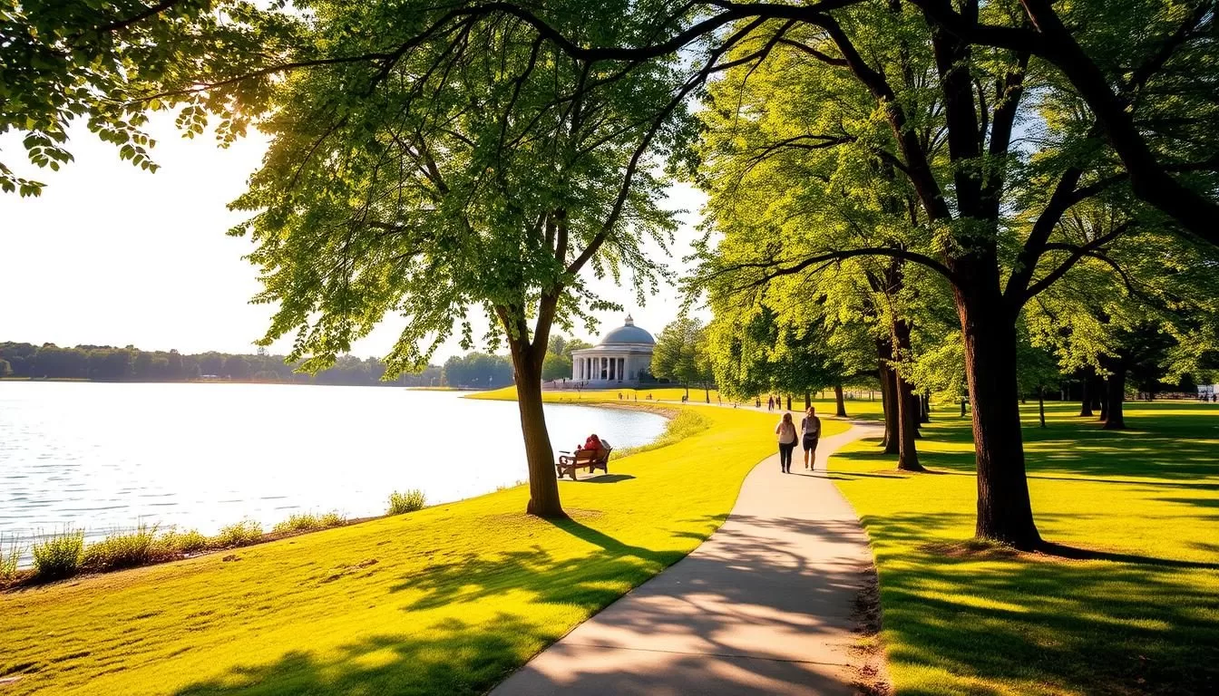 A picturesque lakeside scene at Lake Harriet Park in Minneapolis, Minnesota. Lush green trees line the shore, casting gentle shadows on the calm, reflective waters. A winding path leads visitors through the tranquil landscape, dotted with people enjoying a pleasant summer day - strolling, jogging, or relaxing on benches. Warm, golden sunlight filters through the foliage, creating a serene and inviting atmosphere. In the distance, the iconic Lake Harriet Bandshell stands as a iconic landmark, its architecture beautifully complementing the natural setting. This idyllic scene captures the essence of the best things to do and experience at this picturesque Minnesota destination.