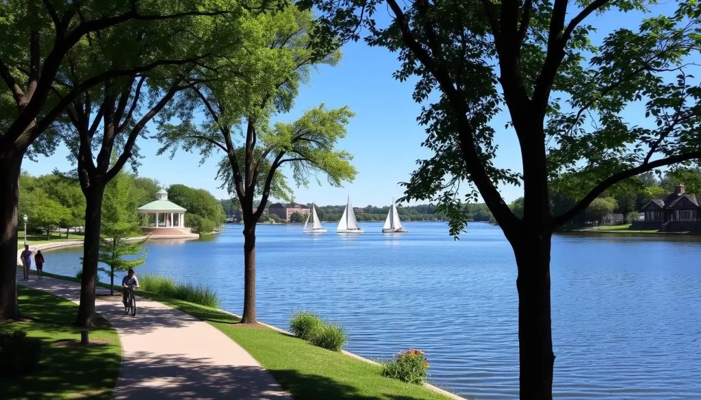 A picturesque lakeside scene of Lake Harriet in Minneapolis, Minnesota. The serene waters reflect the surrounding lush greenery and clear blue sky on a pleasant, sunny day. The foreground features a scenic walking path lined with towering trees, with people leisurely strolling or cycling. In the middle ground, sailboats glide across the tranquil lake, their sails catching the gentle breeze. Framing the scene, the background showcases the iconic Lake Harriet bandshell and the historic Lyndale Park Rose Garden, exuding a sense of tranquility and natural beauty. Capture this gem of Minneapolis in a high-resolution, photorealistic image with a classic, warm-toned color palette.