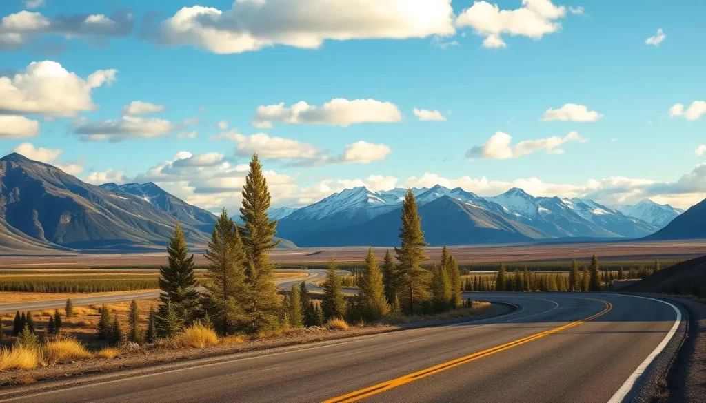 A picturesque landscape along the legendary Dempster Highway, Yukon. A winding road cuts through the rugged terrain, flanked by towering mountains and vast tundra. The sky is a brilliant blue, dotted with fluffy white clouds. In the foreground, a section of the highway stretches out, its smooth asphalt surface reflecting the natural beauty around it. Tall spruce trees dot the middle ground, their verdant foliage swaying gently in the breeze. In the distance, snow-capped peaks rise majestically, their jagged silhouettes standing as sentinels over this magnificent wilderness. The scene is bathed in warm, golden light, capturing the timeless, untamed essence of the Dempster Highway.