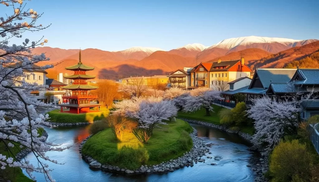 A picturesque landscape in Maebashi, Japan, showcasing the seasonal highlights. In the foreground, a tranquil river winds its way through lush greenery, with cherry blossoms in full bloom along the banks. The middle ground features traditional Japanese architecture, including a pagoda and quaint shops, bathed in warm, golden sunlight. In the background, rolling hills and mountains rise up, their peaks capped with a dusting of snow, creating a serene and idyllic setting. The scene is captured with a wide-angle lens, evoking a sense of depth and immersion. The overall mood is one of peaceful contemplation, inviting the viewer to immerse themselves in the beauty of Maebashi's seasonal delights.