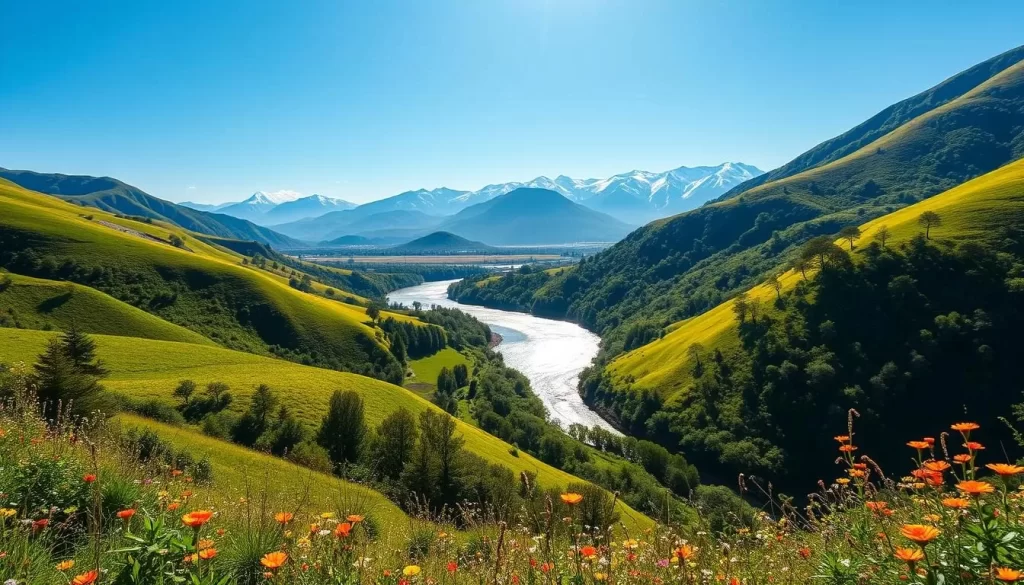 A picturesque landscape in Miyazaki Prefecture, Japan, on a bright, sunny day. In the foreground, lush green hills and valleys dotted with vibrant wildflowers sway gently in the breeze. In the middle ground, a tranquil river flows lazily, its waters sparkling in the golden sunlight. In the background, majestic, snow-capped mountains rise majestically, their peaks touching the azure sky. The scene is bathed in warm, natural lighting, creating a serene and inviting atmosphere. Captured through a wide-angle lens, the image conveys the stunning natural beauty and tranquility of this idyllic Japanese paradise.