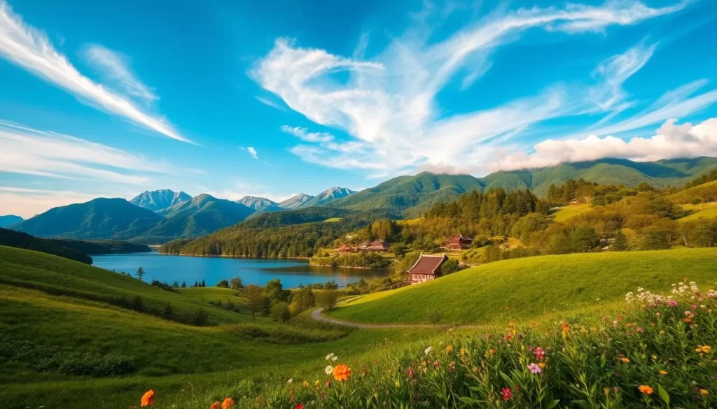 A picturesque landscape of Akita Prefecture, Japan. In the foreground, rolling hills covered in lush greenery, dotted with vibrant wildflowers. In the middle ground, a serene lake reflects the surrounding mountains, their jagged peaks reaching towards a brilliant blue sky. Wispy clouds drift lazily overhead, casting soft shadows on the tranquil waters. In the distance, a traditional Japanese village nestled amidst verdant forests, its distinctive rooftops peeking out from the verdant canopy. Warm, diffused sunlight bathes the entire scene, creating a sense of peacefulness and natural beauty. Capture the essence of Akita's picturesque countryside, a harmonious blend of nature and traditional Japanese elements.