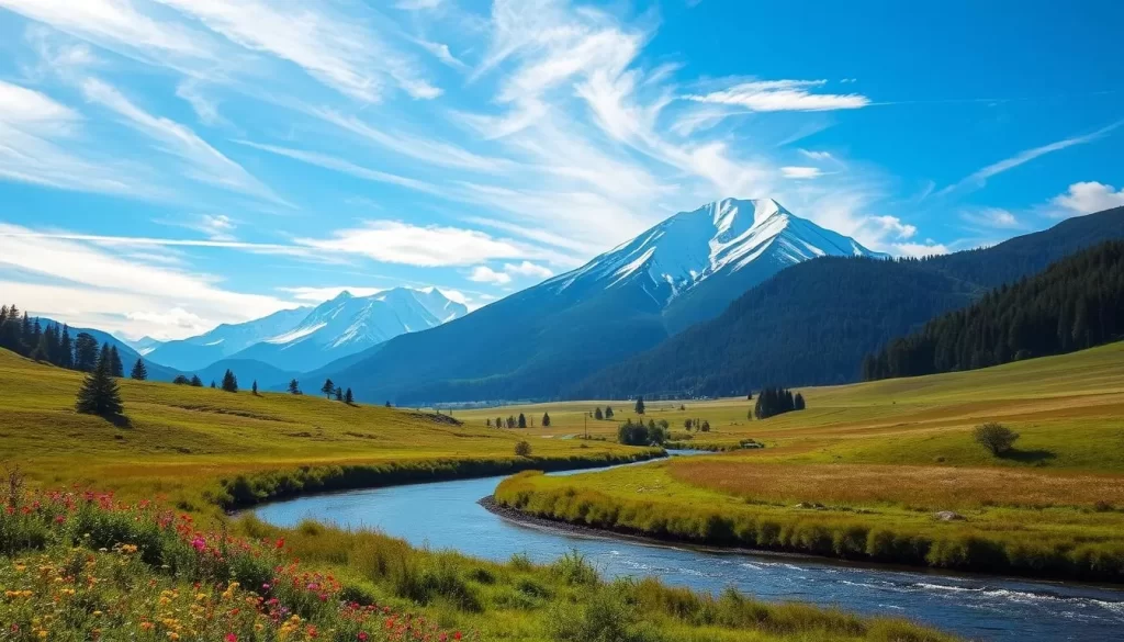 A picturesque landscape of Akita Prefecture, Japan's northern gem. In the foreground, a serene river winds through lush, verdant meadows dotted with vibrant wildflowers. Towering, snow-capped mountains rise majestically in the middle ground, their peaks bathed in soft, golden light. Wispy clouds drift lazily across a brilliant azure sky, casting gentle shadows on the rolling hills below. The scene exudes a sense of tranquility and natural harmony, inviting the viewer to immerse themselves in the beauty of this hidden Japanese treasure.