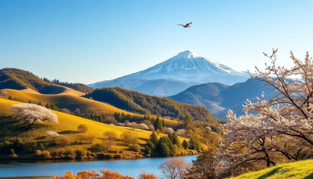 A picturesque landscape of Ibaraki Prefecture, Japan, bathed in warm golden sunlight. Rolling hills dotted with lush greenery and blooming cherry blossoms frame a serene lake, its calm waters reflecting the surrounding scenery. In the distance, a majestic mountain range stands tall, its peaks capped with a dusting of snow. Birds soar gracefully through the clear azure sky, adding a sense of tranquility to the scene. The overall atmosphere evokes a feeling of harmony and the perfect time to experience the natural beauty of this stunning region.