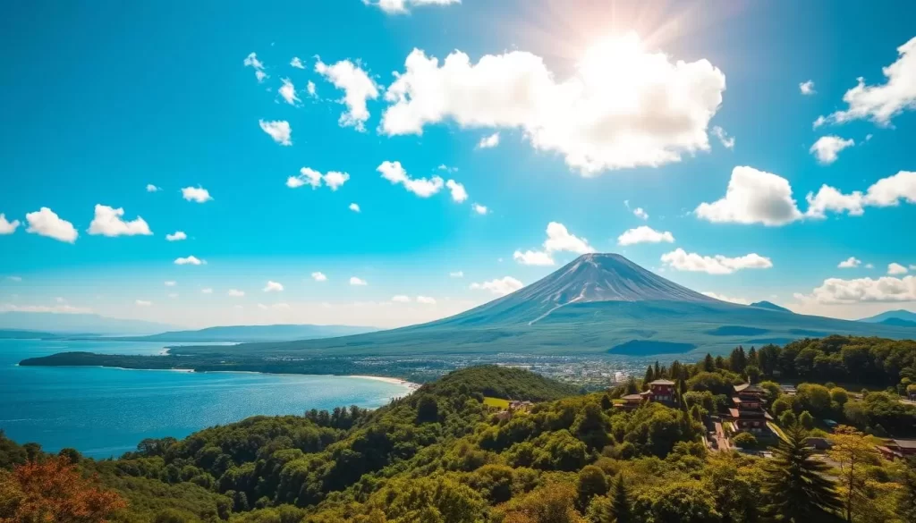 A picturesque landscape of Kagoshima Prefecture in southern Japan, where the sparkling waters of the East China Sea meet the dramatic volcanic peaks of Sakurajima. In the foreground, lush green forests and rolling hills dotted with traditional Japanese architecture create a serene and tranquil atmosphere. The middle ground features a stunning vista of the iconic Sakurajima volcano, its slopes covered in vibrant shades of gray and brown, with wisps of white smoke billowing from its caldera. The background is dominated by a clear, azure sky with scattered fluffy white clouds, illuminated by warm, golden sunlight casting a soft glow over the entire scene. The overall mood is one of natural beauty, tranquility, and the harmonious coexistence of man and nature.