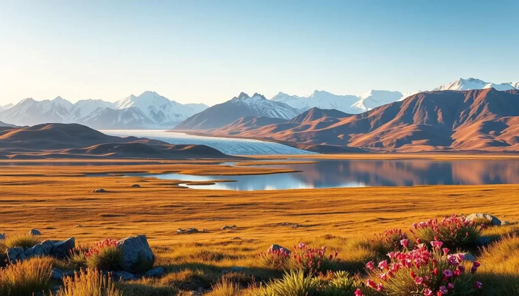 A picturesque landscape of Katannilik Territorial Park, Nunavut. A vast, rugged tundra stretches out, dotted with rolling hills and jagged rock formations. In the distance, majestic mountains rise, their snow-capped peaks glowing in the warm, natural light. A pristine glacial lake reflects the surrounding scenery, its calm waters offering a mirror-like surface. The scene is bathed in a soft, golden glow, creating a serene and tranquil atmosphere. Lush vegetation and vibrant wildflowers add pops of color to the foreground, completing the captivating natural beauty of this remote and untamed wilderness.