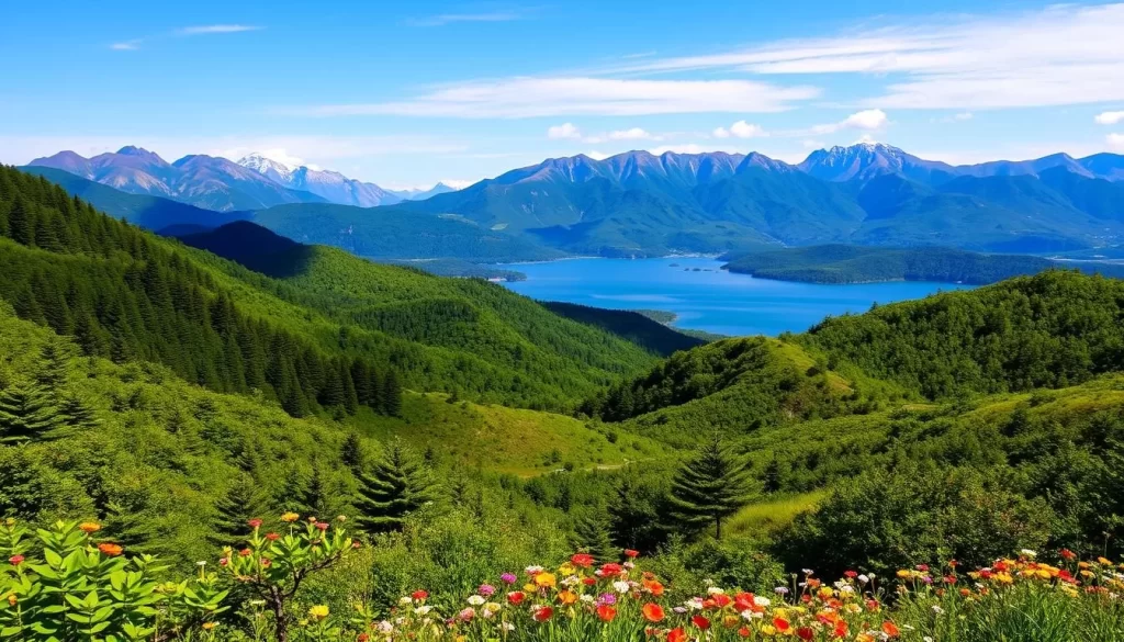 A picturesque landscape of Kirishima Kinkowan National Park, Japan on a sunny day. In the foreground, verdant forests and rolling hills dotted with vibrant wildflowers. The middle ground reveals a serene lake, its surface gently rippling, reflecting the surrounding peaks. In the distance, majestic mountains rise, their rugged silhouettes bathed in warm, golden light. The scene exudes a sense of tranquility and natural beauty, inviting the viewer to immerse themselves in the wonders of this pristine wilderness.