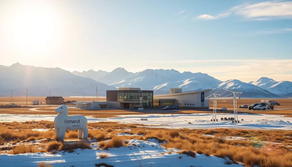 A picturesque landscape of Nunavut, the northernmost territory of Canada, with the three official languages prominently displayed. In the foreground, Inuktitut, the primary indigenous language, is showcased through traditional Inuit artwork and cultural elements. In the middle ground, the English language is represented by modern architectural structures and signage. In the background, the French language is depicted through a scenic view of the rugged Arctic terrain, hinting at the territory's linguistic diversity. The image is bathed in the warm glow of the sun, conveying a sense of harmony and unity among the official languages of this unique Canadian region.