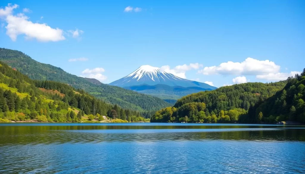 A picturesque landscape of Yamaguchi Prefecture, Japan, showcasing its natural beauty. A serene mountain range rises majestically in the background, its peaks dusted with a light layer of snow. Lush, verdant forests cascade down the slopes, their vibrant hues contrasting with the clear blue sky above. In the foreground, a tranquil lake reflects the surrounding scenery, its calm waters mirroring the clouds drifting overhead. The lighting is soft and diffused, creating a warm, inviting atmosphere. Capture this idyllic scene with a wide-angle lens to emphasize the grandeur of the landscape, inviting the viewer to immerse themselves in the natural wonder of Yamaguchi Prefecture.