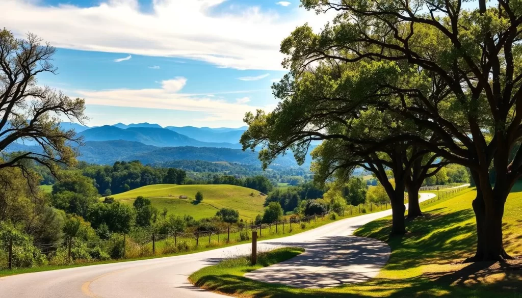 A picturesque landscape of rolling hills and lush greenery in Northern Virginia. In the foreground, a winding country road flanked by rows of mature oak trees, their branches casting dappled shadows. In the middle ground, gently sloping pastures dotted with clusters of wildflowers and the occasional weathered fence post. In the distance, a range of undulating mountains, their peaks capped with wispy clouds under a bright, azure sky. The scene is bathed in warm, golden sunlight, creating a serene and inviting atmosphere that captures the charming essence of Leesburg's rural setting.
