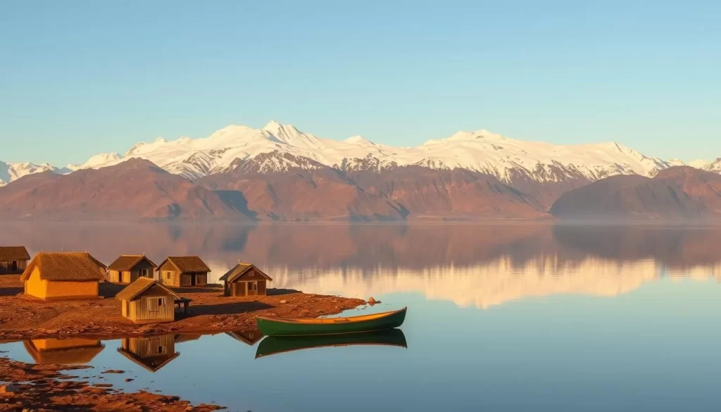 A picturesque landscape of the Northwest Passage, a historic sea route through the Canadian Arctic archipelago. A rugged, snow-capped mountain range dominates the background, its peaks reflecting in the calm, mirror-like waters of a tranquil bay. In the foreground, traditional Inuit sod houses dot the shoreline, their earthen walls blending seamlessly with the natural surroundings. A lone kayak drifts peacefully on the glassy surface, a nod to the region's rich cultural heritage. Warm, golden sunlight illuminates the scene, casting a serene and inviting atmosphere.