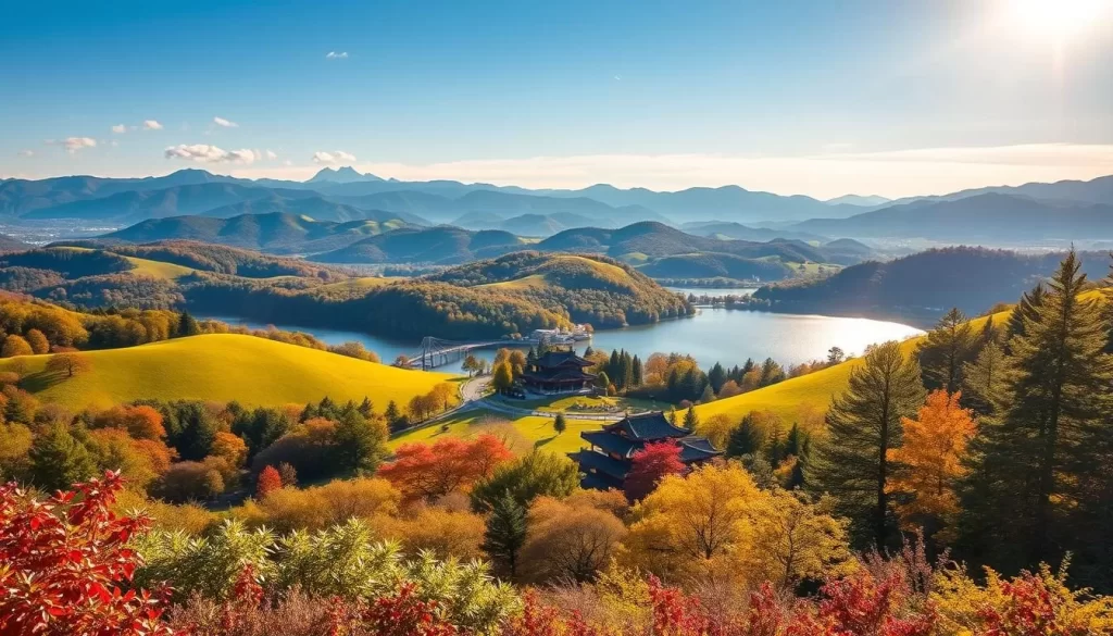 A picturesque landscape showcasing the beauty of Ōita Prefecture, Japan during the ideal weather-savvy months. Capture the serene rolling hills, lush forests, and shimmering lakes bathed in warm, golden sunlight. Compose the scene with a foreground of vibrant flora and fauna, a middle ground featuring traditional Japanese architecture, and a background of majestic mountains and clear blue skies. Render the image with a soft, natural color palette and a sense of tranquility to evoke the atmosphere of the best time to visit this stunning region.