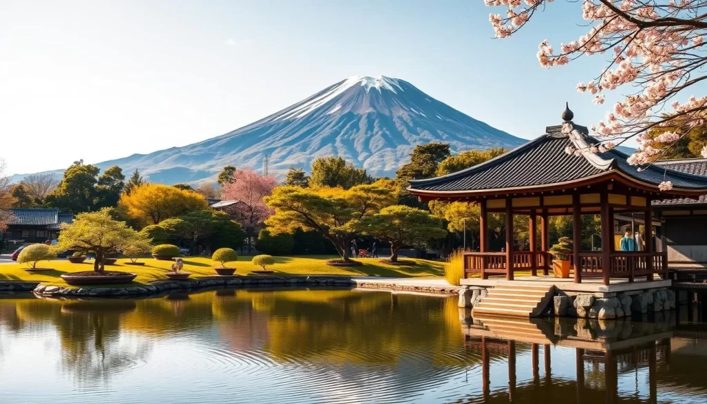 A picturesque landscape showcasing the cultural heritage of Kumamoto Prefecture, Japan. In the foreground, a traditional Japanese pavilion stands amidst a serene pond, its reflection rippling on the water's surface. The middle ground features a lush garden with carefully manicured bonsai trees and blooming cherry blossoms. In the background, the imposing silhouette of Mount Aso, an active volcano, rises majestically, its slopes cloaked in verdant foliage. The scene is bathed in warm, golden sunlight, creating a tranquil and inviting atmosphere. The overall composition highlights the harmonious blend of natural beauty and cultural heritage that defines Kumamoto Prefecture.