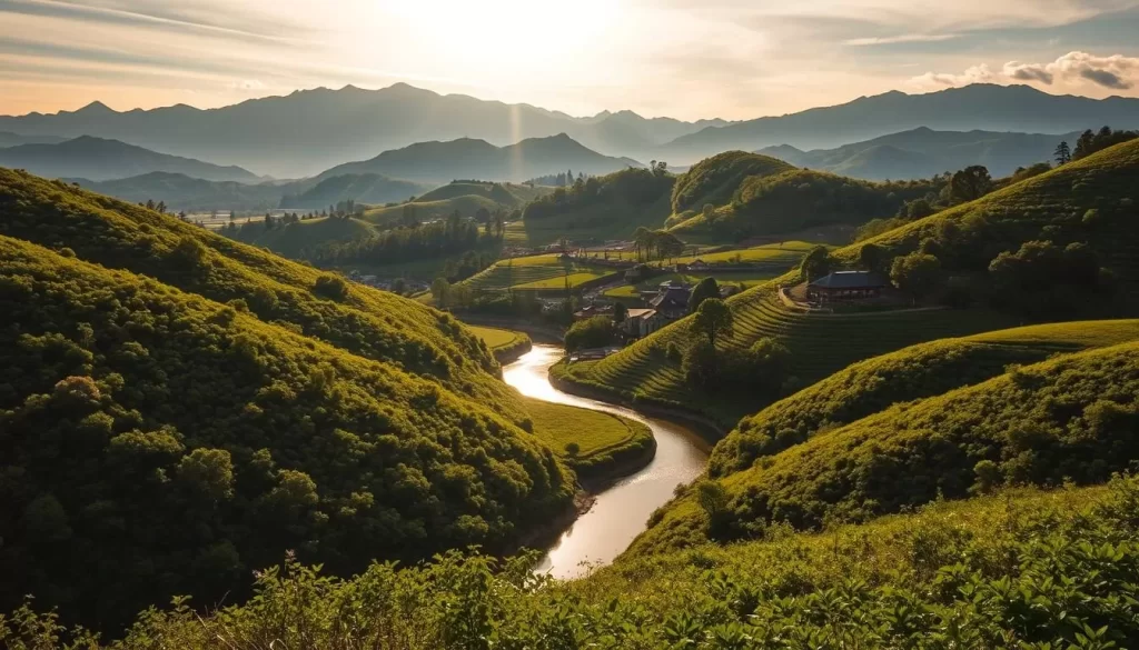 A picturesque landscape showcasing the diverse climate of Saga Prefecture, Japan. In the foreground, rolling hills blanketed in lush, verdant foliage. A meandering river cuts through the scene, its reflective surface capturing the warm rays of the sun. In the middle ground, traditional Japanese farmhouses and rice paddies, painted in the earthy tones of the region. Towering mountains rise majestically in the distance, their peaks shrouded in wispy clouds. The atmosphere is serene and tranquil, inviting the viewer to immerse themselves in the natural beauty of this prefecture. The lighting is soft and diffused, creating a warm, inviting ambiance that reflects the temperate climate. Shot with a wide-angle lens to capture the expansive landscape.