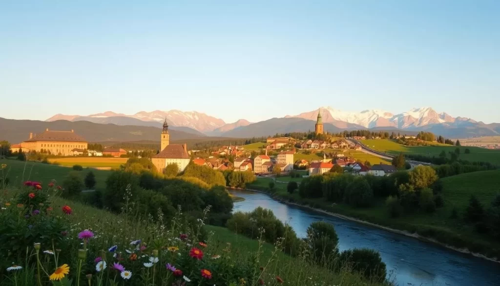A picturesque landscape showcasing the diverse weather patterns of Slovakia. A foreground with lush greenery, blooming wildflowers, and a winding river reflecting the clear blue sky. In the middle ground, rolling hills dotted with quaint villages, their rooftops glistening in the warm sunlight. The background features majestic mountain peaks, their snow-capped summits gleaming under a golden afternoon glow. Soft, diffused lighting bathes the scene, creating a serene and tranquil atmosphere, ideal for a weather-savvy traveler's exploration of Slovakia's natural beauty.