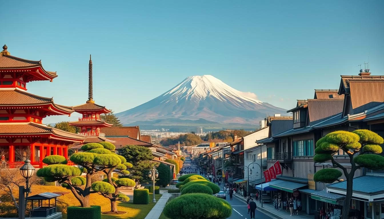 A picturesque landscape showcasing the iconic landmarks of Narita, Japan. In the foreground, the grand Narita-san Shinshoji Temple stands tall, its intricate architecture and vibrant red pagodas commanding attention. Flanking the temple, lush gardens and meticulously trimmed bonsai trees create a serene atmosphere. In the middle ground, bustling streets are lined with traditional shops and eateries, offering a glimpse into the local culture. The background is dominated by the majestic Mount Fuji, its snow-capped peak rising majestically against a clear, azure sky. Warm, diffused lighting bathes the scene, creating a sense of tranquility and timelessness. Captured with a wide-angle lens, the image showcases the harmonious blend of natural and man-made wonders that make Narita a must-visit destination.