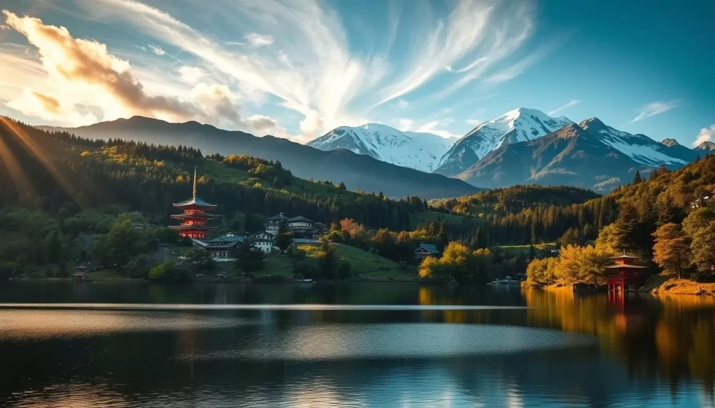 A picturesque landscape showcasing the natural splendor of Japan's Kantō region. In the foreground, a serene lake reflects the surrounding mountains and lush forests, creating a tranquil and inviting atmosphere. In the middle ground, traditional Japanese architecture, such as pagodas and shrines, dot the verdant hillsides, blending harmoniously with the environment. The background features snow-capped peaks, their majestic silhouettes bathed in warm, golden sunlight filtering through wispy clouds. The scene evokes a sense of timeless beauty, cultural heritage, and the harmonious coexistence of nature and human creativity in this captivating region of Japan.