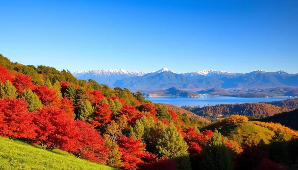 A picturesque landscape showcasing the varied topography of Gunma Prefecture, Japan. In the foreground, lush green hills dotted with vibrant red maple trees, their leaves catching the warm glow of the afternoon sun. In the middle ground, a serene lake reflects the surrounding mountains, their peaks capped with a light dusting of snow. In the background, a range of rugged, snow-capped peaks rise majestically, their jagged silhouettes framed by a clear, azure sky. The scene conveys a sense of tranquility and natural harmony, capturing the essence of Gunma's diverse and temperate climate.