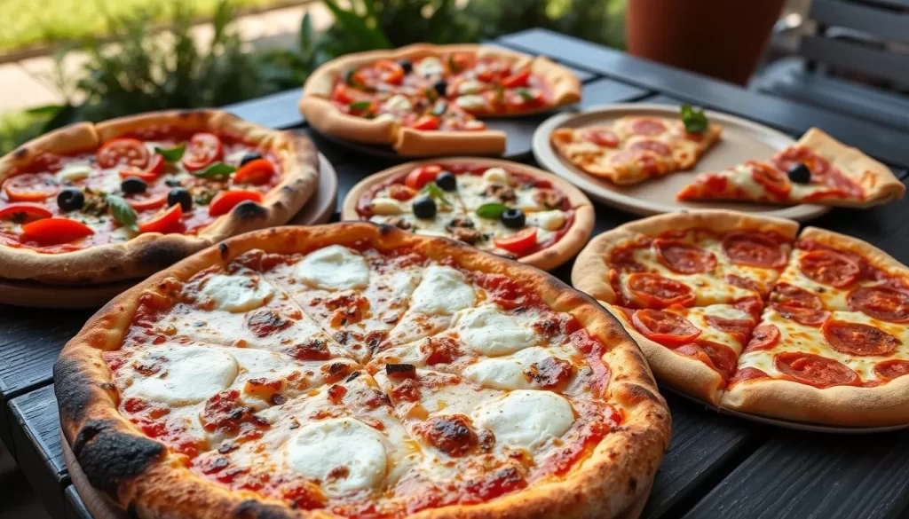 A picturesque outdoor scene showcasing a variety of delectable pizza styles popular in London restaurants. In the foreground, a wood-fired Neapolitan pizza with a charred, crispy crust and gooey, melted mozzarella. Beside it, a deep-dish Chicago-style pizza with a thick, golden-brown cornmeal crust and an abundance of toppings. In the middle ground, a thin-crust Roman-style pizza with elegant, artisanal toppings. In the background, a classic New York-style pizza slice with a foldable, wide-spanning crust and a vibrant tomato sauce. Soft, natural lighting casts a cozy, inviting ambiance over the scene. The composition is balanced, highlighting the diverse pizza styles that make London's culinary landscape so dynamic.