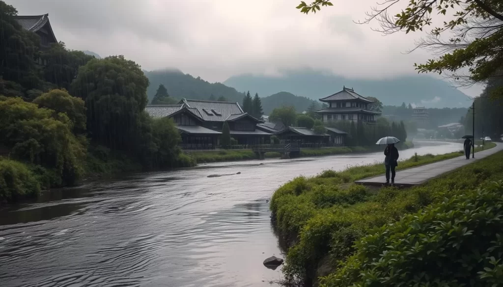 A picturesque rainy day in Hyōgo Prefecture, Japan. Lush, verdant foliage lines the banks of a winding river, its gentle current reflecting the overcast sky above. Raindrops patter softly on the surface, creating rippling patterns. In the middle distance, traditional Japanese architecture with tiled roofs emerges from the mist, its silhouette framed by the surrounding mountains. Warm, diffused lighting filters through the clouds, casting a serene, atmospheric glow over the scene. A lone figure, umbrella in hand, strolls leisurely along the riverbank, immersed in the calming ambiance of the rainy season.
