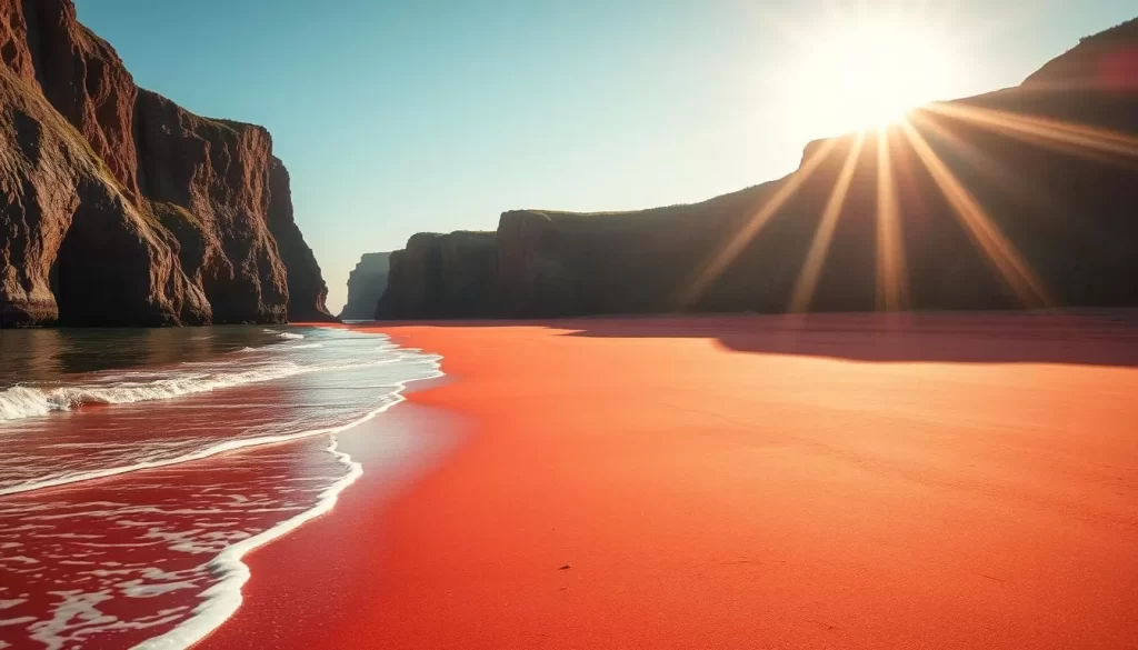 A picturesque red sand beach on the scenic shores of Prince Edward Island. The sun's warm rays dance across the vibrant crimson sand, creating a mesmerizing visual contrast. In the foreground, gentle waves lap against the shoreline, their soothing rhythm inviting visitors to stroll along the water's edge. Towering cliffs in the background frame the scene, their rugged texture and earthy hues complementing the vibrant sand. The scene is bathed in soft, natural lighting, creating a serene and inviting atmosphere that captures the essence of a quintessential Prince Edward Island beach experience.