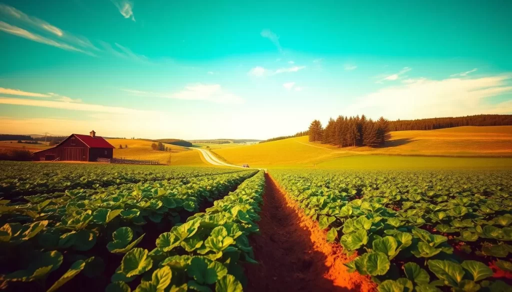 A picturesque rural landscape of Prince Edward Island, Canada. Rolling hills dotted with lush green potato fields stretching out to the horizon, bathed in the warm glow of the afternoon sun. In the foreground, rows of thriving potato plants sway gently in a soft breeze. The middle ground features a rustic wooden barn with a red-shingled roof, nestled among the fields. In the distance, a winding dirt road leads away, flanked by tall trees creating a natural border. The sky is a brilliant blue, with a few wispy clouds drifting overhead, creating a serene and tranquil atmosphere. Captured with a wide-angle lens to showcase the expansive scale of the picturesque agricultural landscape.