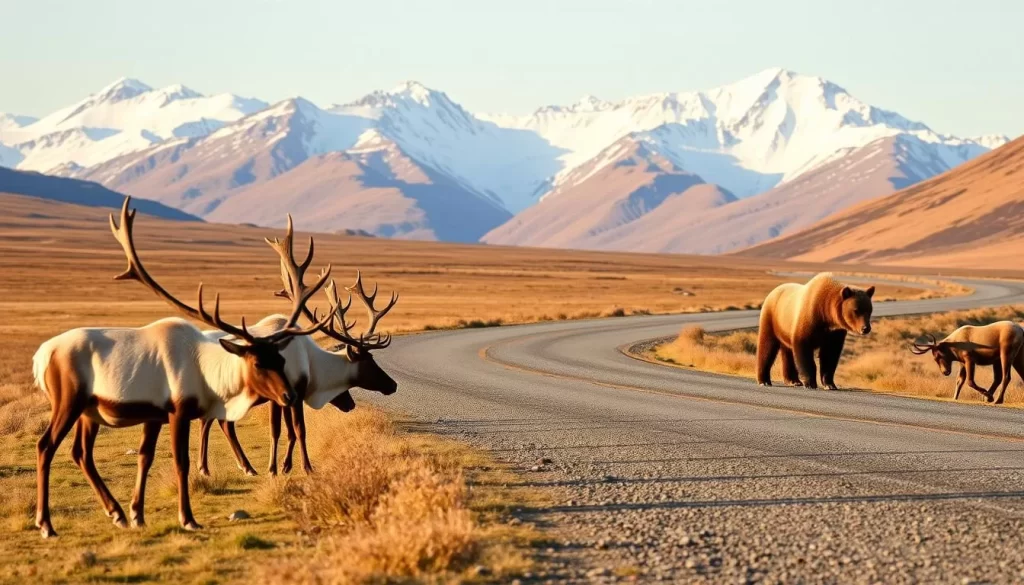 A picturesque scene along the Dempster Highway, Yukon, showcasing the region's abundant wildlife. In the foreground, a herd of majestic caribou grazes peacefully, their antlers silhouetted against the vast, untamed landscape. In the middle ground, a grizzly bear ambles along the winding gravel road, pausing to sniff the fresh, cool air. In the background, towering mountains rise, their snow-capped peaks reflecting the warm, golden hues of the afternoon sun. The scene is bathed in a soft, natural light, capturing the serene and awe-inspiring beauty of the Yukon wilderness.