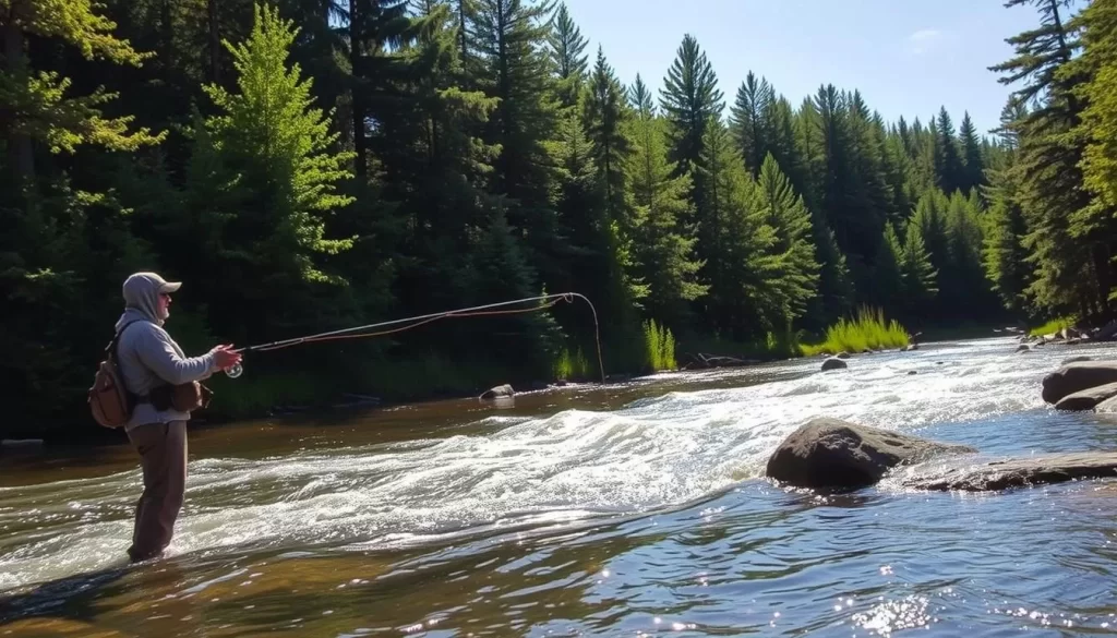 A picturesque scene at Rushing River Provincial Park, Manitoba, showcases an angler casting their line into the rushing, crystal-clear waters. The lush, verdant forest provides a serene backdrop, with sunlight filtering through the canopy, casting a warm, golden glow over the tranquil setting. In the foreground, the fisherman, clad in rugged outdoor attire, stands knee-deep in the river, their focus and determination evident as they patiently wait for a nibble on the line. The overall atmosphere evokes a sense of peaceful, outdoor adventure, perfectly capturing the essence of the "Fishing Opportunities in Rushing River Provincial Park" section.
