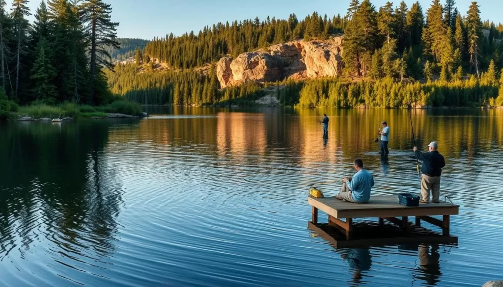 A picturesque scene of Big Whiteshell Lake in Manitoba, Canada. A serene expanse of crystal-clear waters surrounded by lush green forests and rocky shorelines. In the foreground, a group of anglers cast their lines, their reflections rippling on the calm surface. The middle ground features a small wooden dock where a lone fisherman sits patiently, waiting for a bite. The background is dominated by towering pine trees and the distant rocky outcroppings, bathed in the warm glow of the afternoon sun. The overall mood is one of tranquility and natural beauty, inviting the viewer to imagine the thrill of reeling in a trophy catch from this picturesque lake.