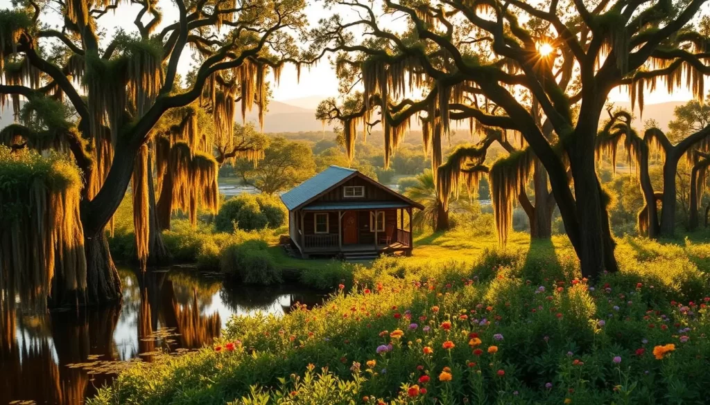 A picturesque scene of Cajun Country in southern Louisiana, on a warm, sunny day. The lush, verdant landscape is dotted with moss-draped cypress trees, their reflections rippling in the calm, bayou waters. In the middle ground, a small Cajun-style wooden house sits nestled amidst vibrant wildflowers, with a weathered porch and rocking chairs inviting visitors to relax. The background is filled with the rolling hills of the Atchafalaya Basin, hazy in the distance. Warm, golden sunlight filters through the trees, casting a soft, ambient glow over the entire scene. The overall atmosphere is one of tranquility, timelessness, and the rich cultural heritage of this unique region.