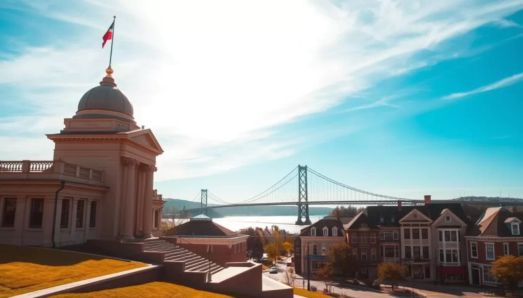 A picturesque scene of Charlottetown's cultural attractions on a bright, sunny day. In the foreground, the historic Confederation Centre of the Arts stands tall, its neoclassical architecture bathed in warm, golden light. In the middle ground, the Confederation Bridge, an engineering marvel, can be seen spanning the Northumberland Strait. In the background, the charming historic district of Charlottetown, with its well-preserved Victorian-era buildings, creates a charming and authentic atmosphere. The scene is captured with a wide-angle lens, allowing the viewer to take in the full breadth of Charlottetown's cultural richness. The overall mood is one of vibrancy, heritage, and pride.