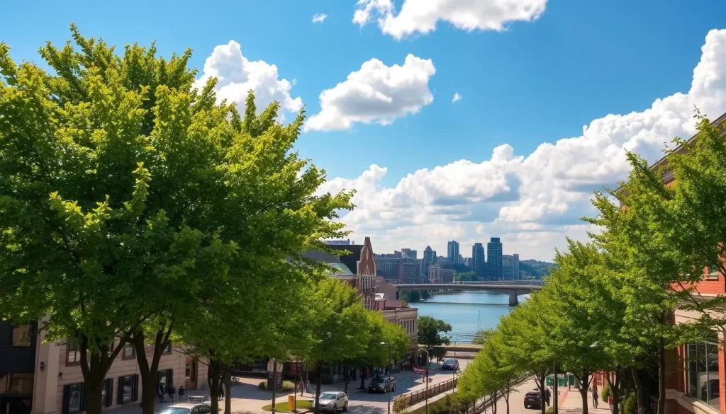 A picturesque scene of Grand Rapids, Michigan on a beautiful spring day. In the foreground, lush green trees sway gently in the warm breeze, their leaves casting a dappled pattern on the sidewalk below. In the middle ground, a bustling street lined with charming shops and cafes, their facades in muted tones of brick and stone. In the background, the iconic Grand River winds its way through the city, its calm waters reflecting the clear blue sky above. Fluffy white clouds drift lazily overhead, illuminated by the soft, golden light of the afternoon sun. An inviting, weather-savvy scene that captures the essence of this vibrant Midwestern city.