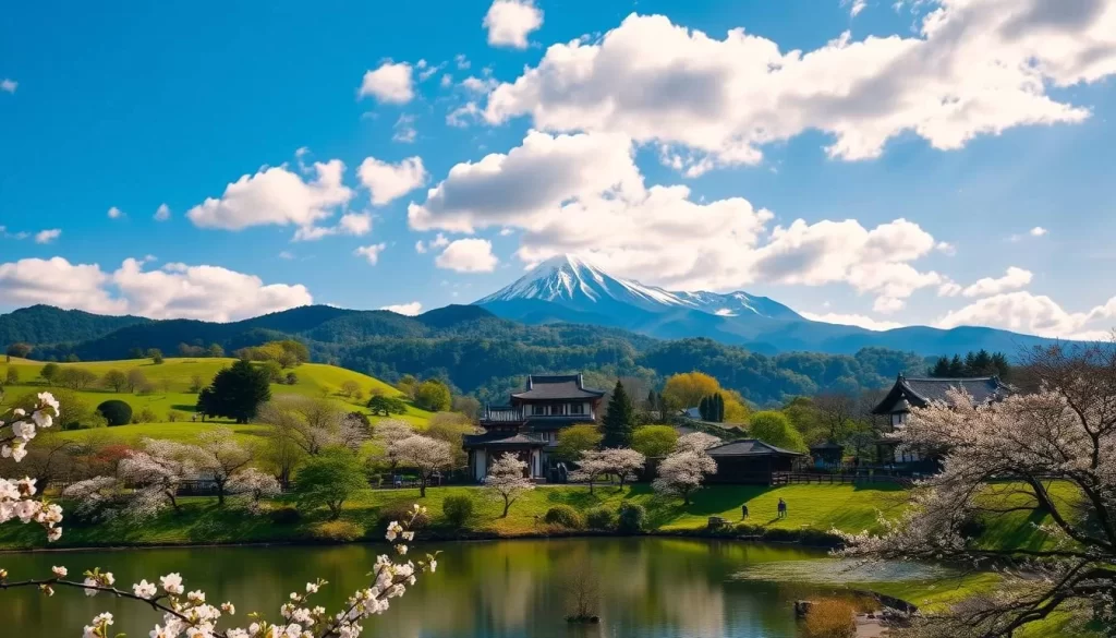 A picturesque scene of Kanagawa Prefecture showcasing the best time to visit. Capture a breathtaking landscape with rolling hills, lush greenery, and a clear blue sky dotted with fluffy white clouds. In the foreground, a tranquil pond reflects the surrounding nature, with delicate cherry blossoms adorning the banks. In the middle ground, traditional Japanese architecture blends seamlessly with the natural environment. In the background, majestic mountains rise, their peaks capped with a light dusting of snow. Lighting is soft and diffused, creating a warm, inviting atmosphere. The overall mood is serene, peaceful, and quintessentially Japanese.