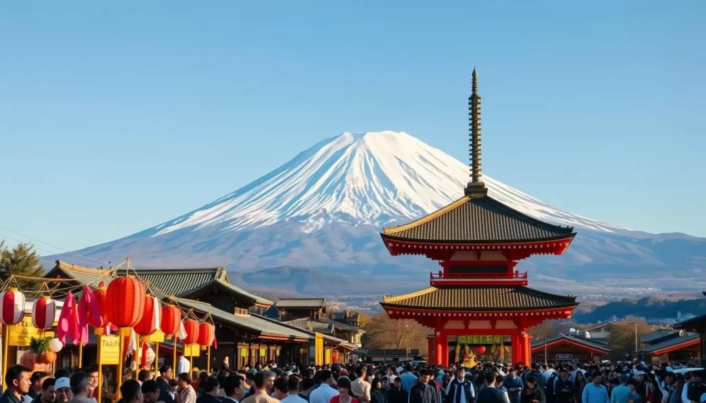 A picturesque scene of Mt. Fuji's iconic peak rising majestically against a clear, azure sky. In the foreground, a vibrant festival is in full swing, with colorful lanterns, paper streamers, and traditional dancers performing amid a lively crowd. The middle ground showcases traditional Japanese architecture, including pagodas and shrines, all bathed in warm, golden light. In the background, the serene, snow-capped slopes of Mt. Fuji create a breathtaking backdrop, evoking a sense of tranquility and timeless elegance. The overall atmosphere captures the essence of Yamanashi's rich cultural heritage and the celebratory spirit of its festivals.