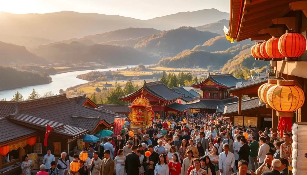 A picturesque scene of Niigata's seasonal festivals, captured with a wide-angle lens under warm, golden-hour lighting. In the foreground, vibrant crowds in traditional Japanese attire parade through the streets, carrying intricate lanterns and ornate festival floats. In the middle ground, temple roofs and ancient architecture peek out, framing the lively festivities. The background showcases the serene natural beauty of Niigata, with rolling hills, lush greenery, and a glistening river flowing through the landscape. The overall atmosphere exudes a sense of cultural heritage, communal celebration, and the cyclical beauty of the seasons.